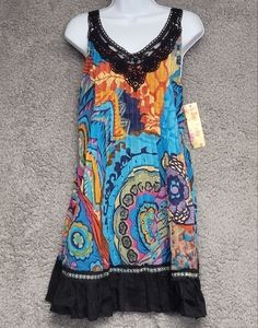 Just Funky Womens Small Bohemian Summer Dress. Blue, black & Gold tone